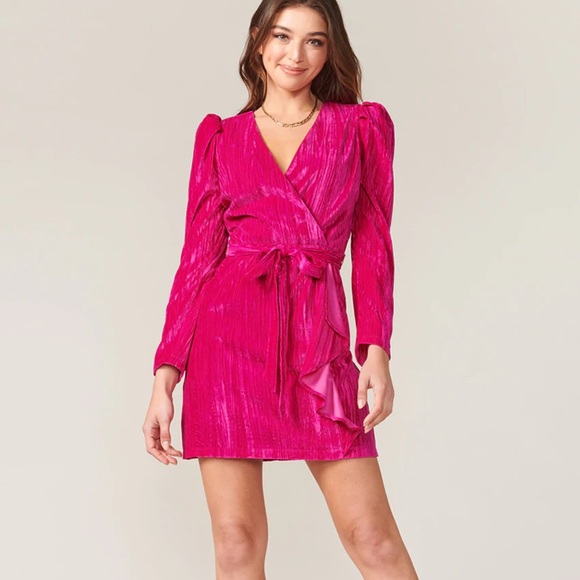 pink velvet wrap dress long sleeve KSTM Long Sleeve Velvet Wrap Midi Dress With V-Neck Crossover Front Design For Women Elegant Evening Occasion Wear,S